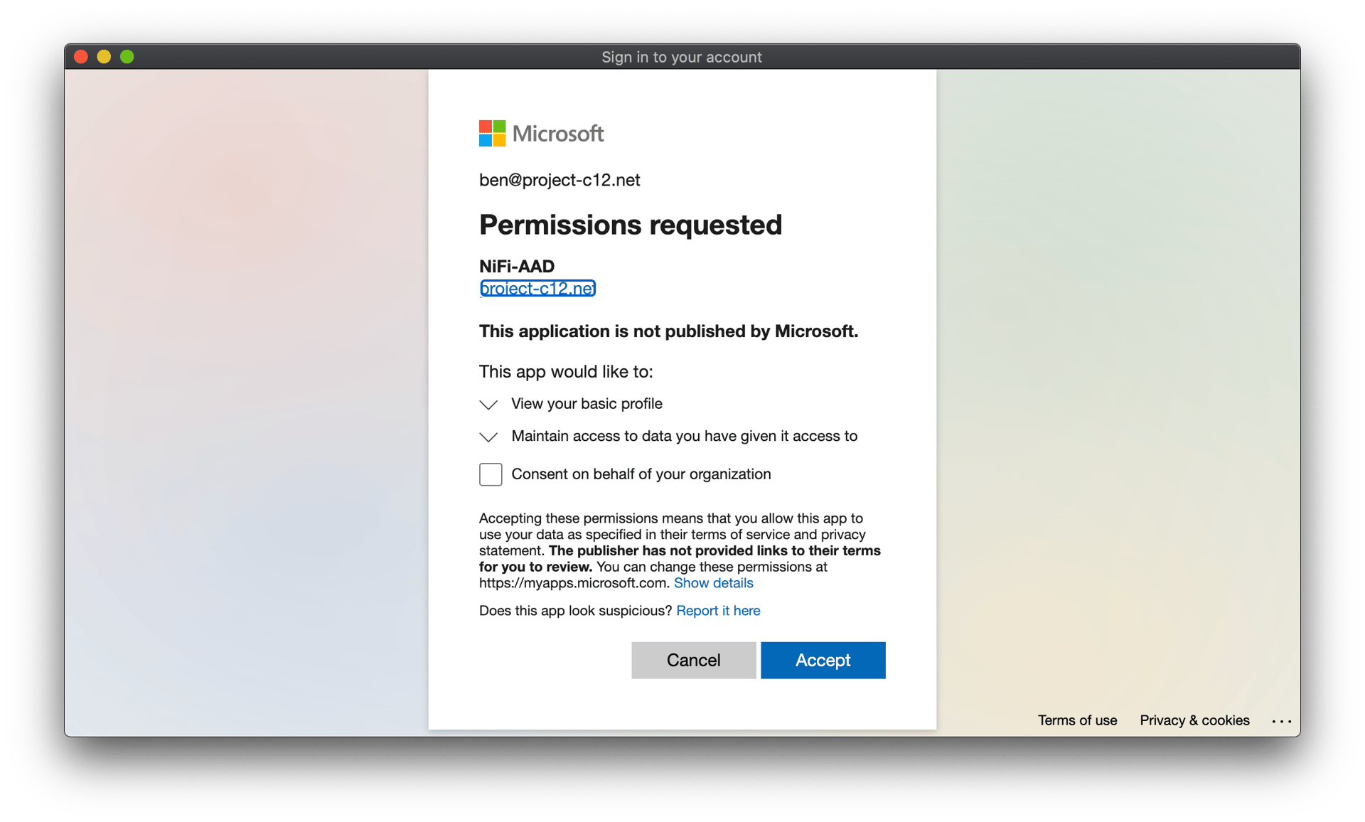 Azure AD consent prompt shown on first login to the NiFi app