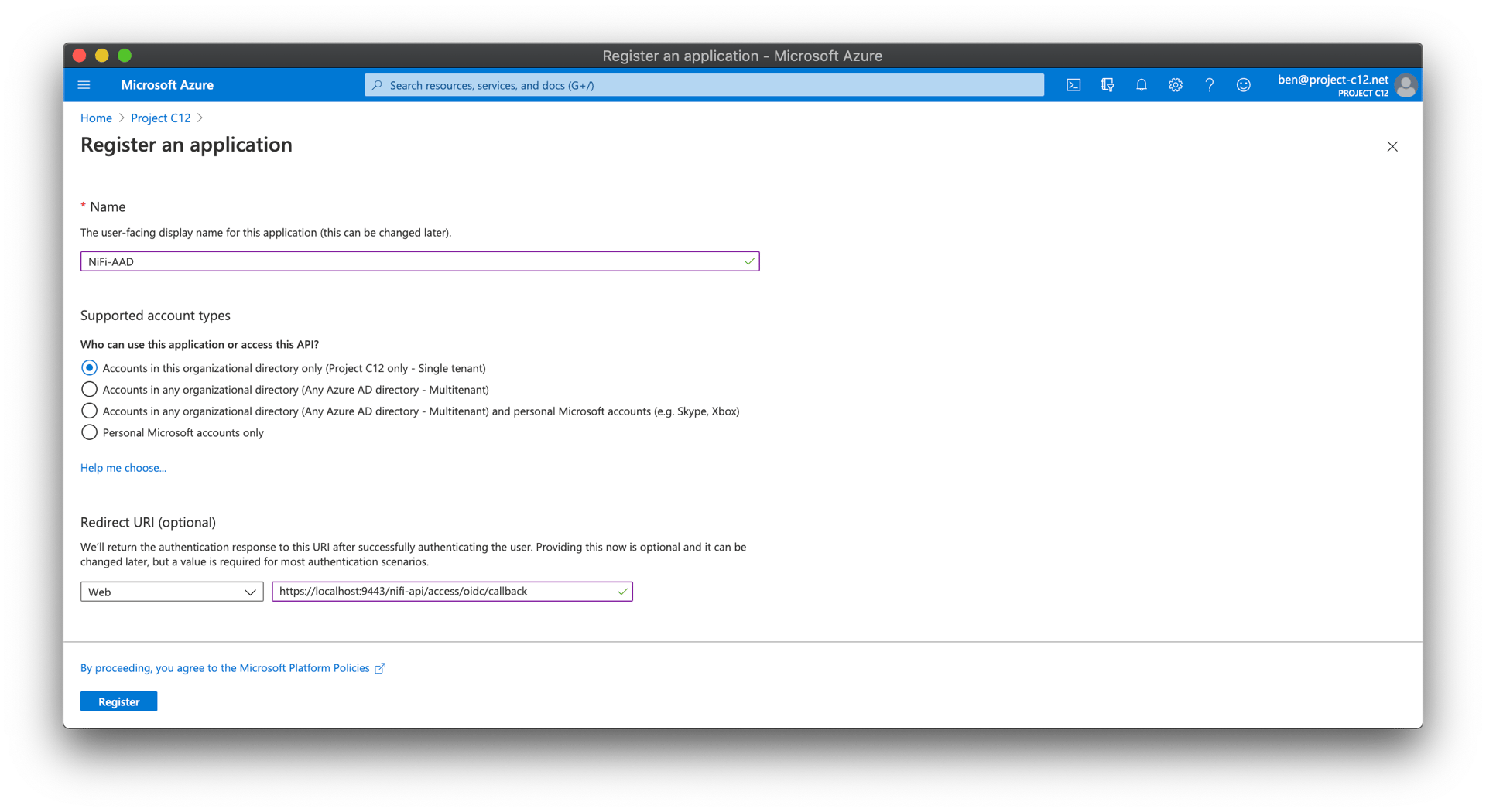 Azure AD: registering a new application for NiFi OIDC
