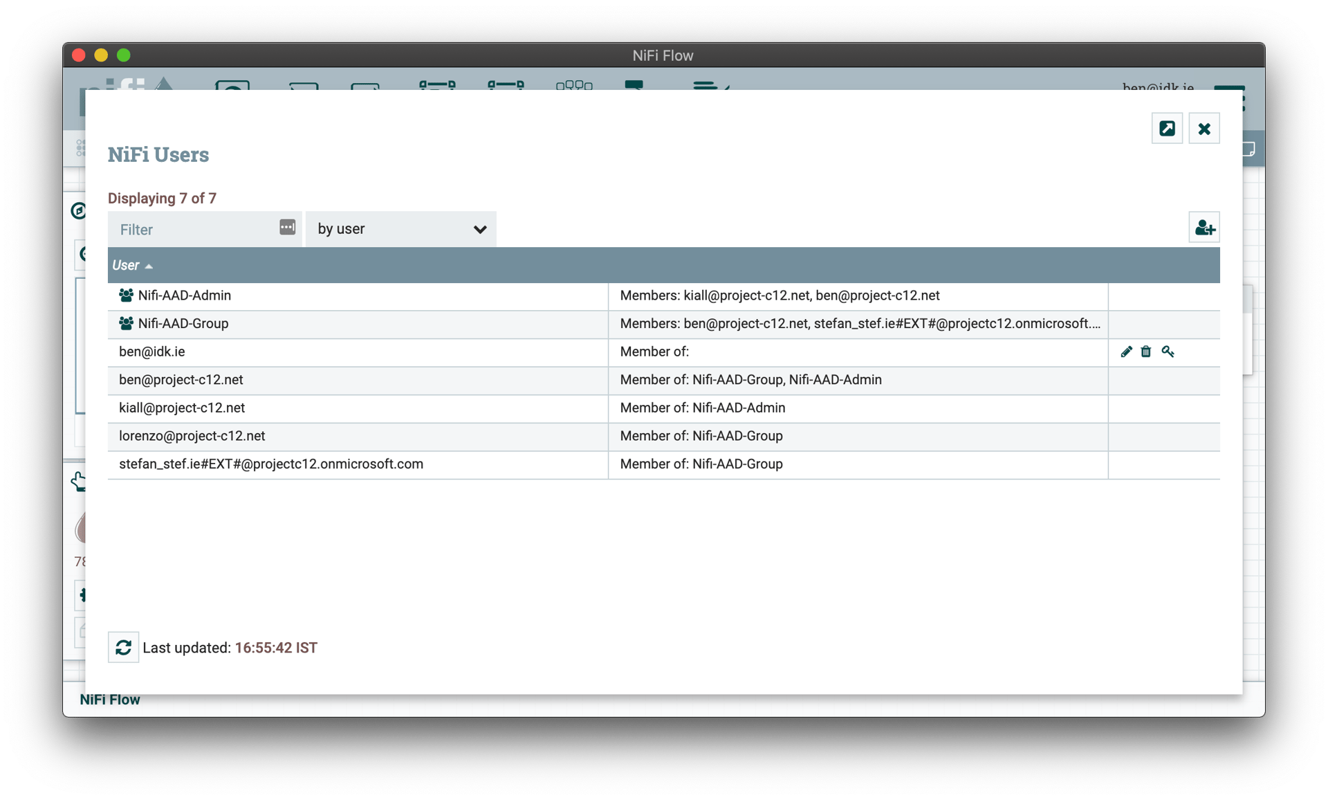 NiFi Users screen listing AAD-authenticated identities